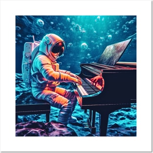 Astronaut Playing Piano Symphony on a Water Planet (Color Version), Cosmic Crescendo Posters and Art